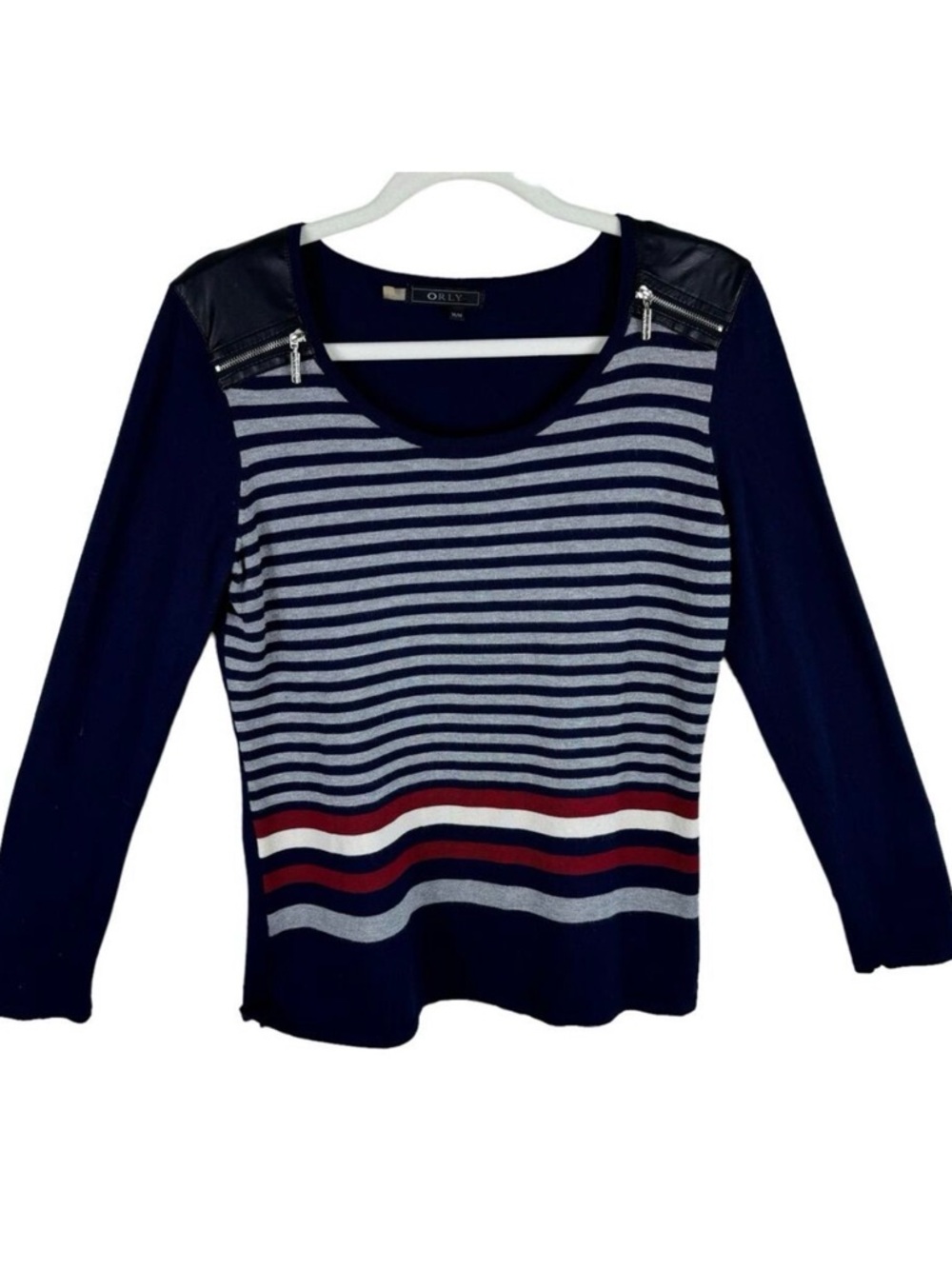 Orly Multicolor Long Sleeve Round Neck Tight Knit Pleather Zipper Sweater Sz M